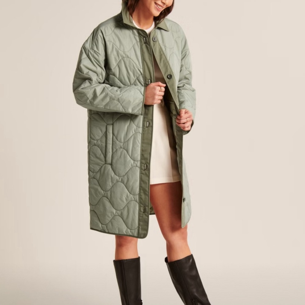 Green Long length light quilted jacket